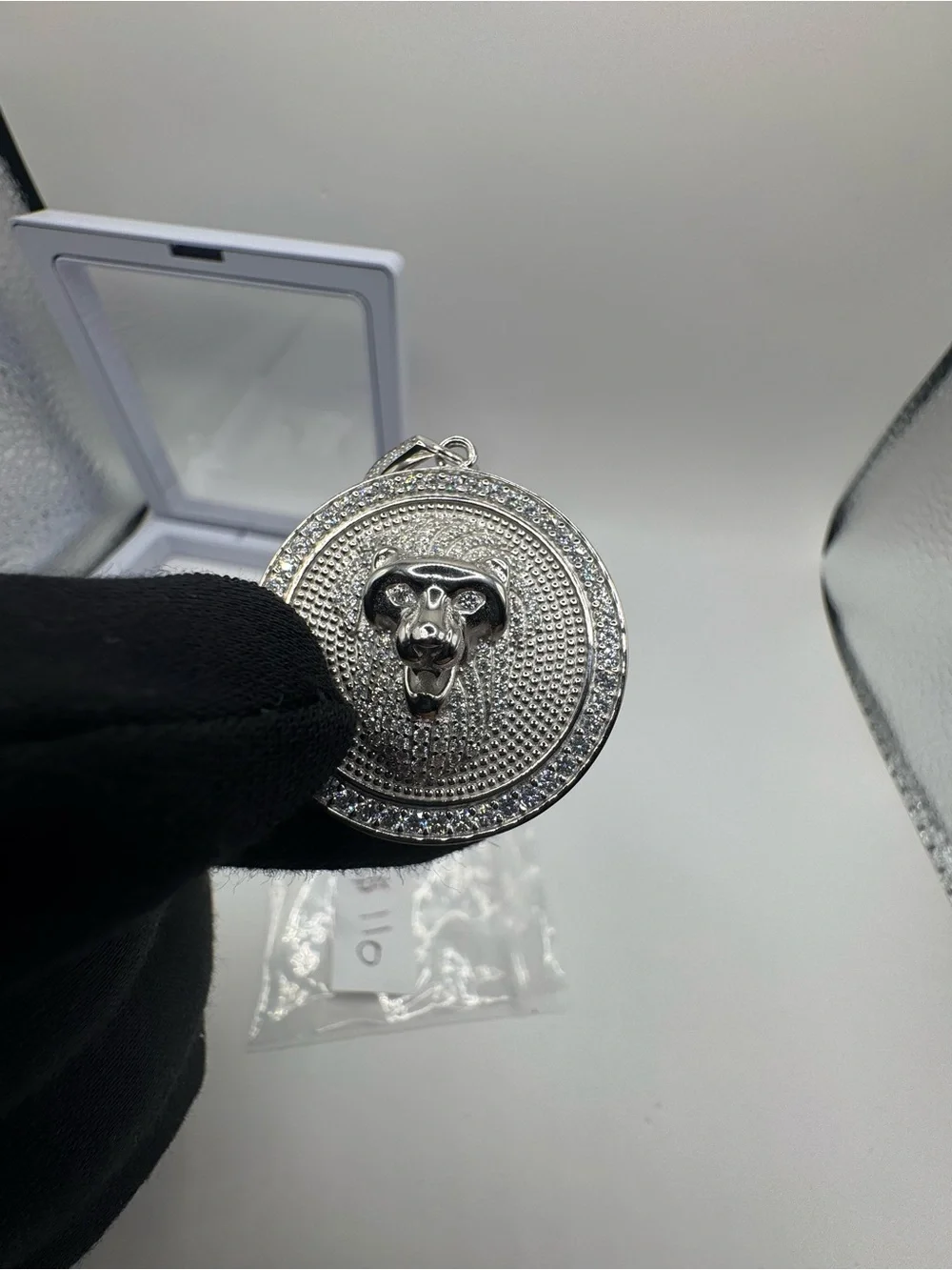 Silver moissanite Lion Medallion Pendant Necklace - Silver